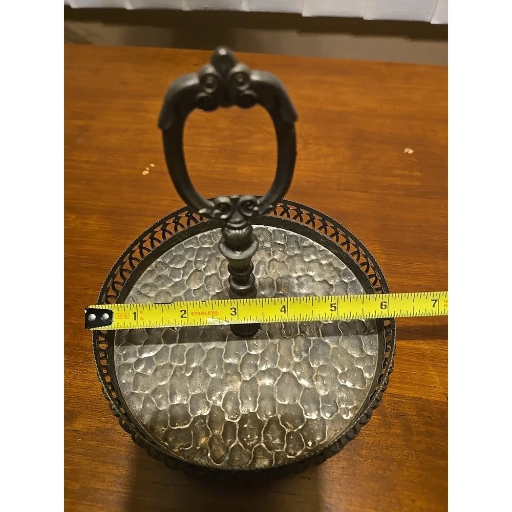 Vintage round holder bottles barware Dresser tray dish hammered table silvertone